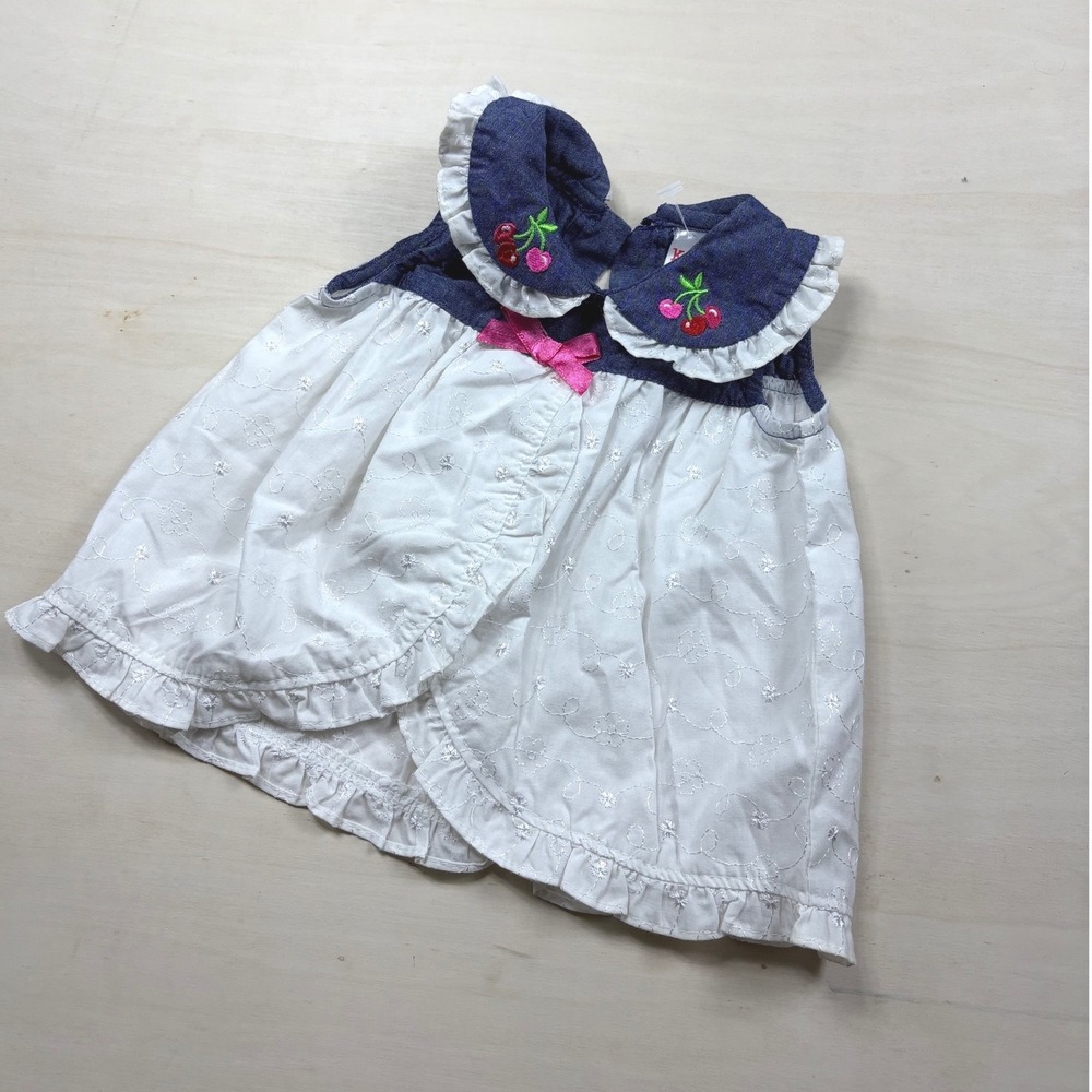 Kidgets Baby Girl Cherry Denim Eyelet Dress White Blue 0-3 Months